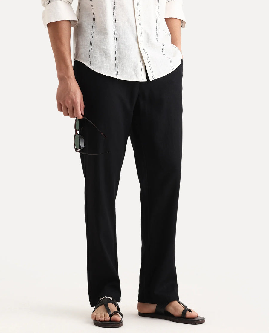 Rare Rabbit Men Chinio Black Linen Blend Drawstring Closure Plain Trouser