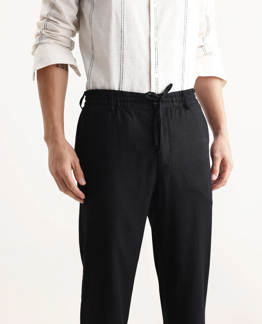 Rare Rabbit Men Chinio Black Linen Blend Drawstring Closure Plain Trouser