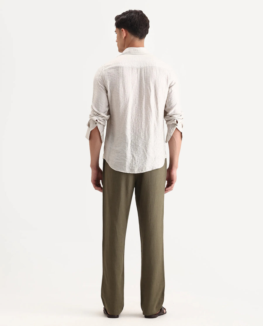 Rare Rabbit Men Chinio Dark Olive Linen Blend Drawstring Closure Plain Trouser