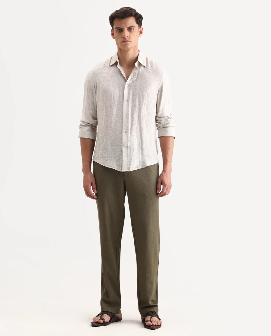 Rare Rabbit Men Chinio Dark Olive Linen Blend Drawstring Closure Plain Trouser