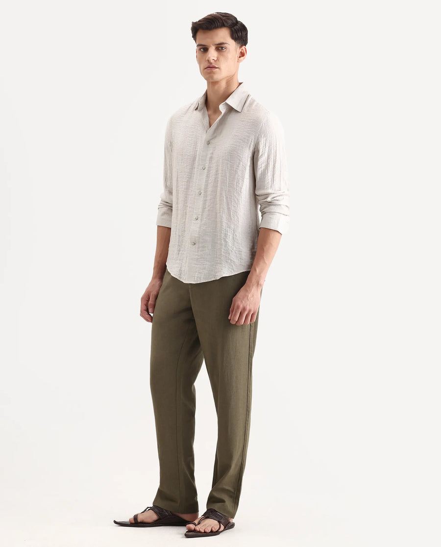 Rare Rabbit Men Chinio Dark Olive Linen Blend Drawstring Closure Plain Trouser
