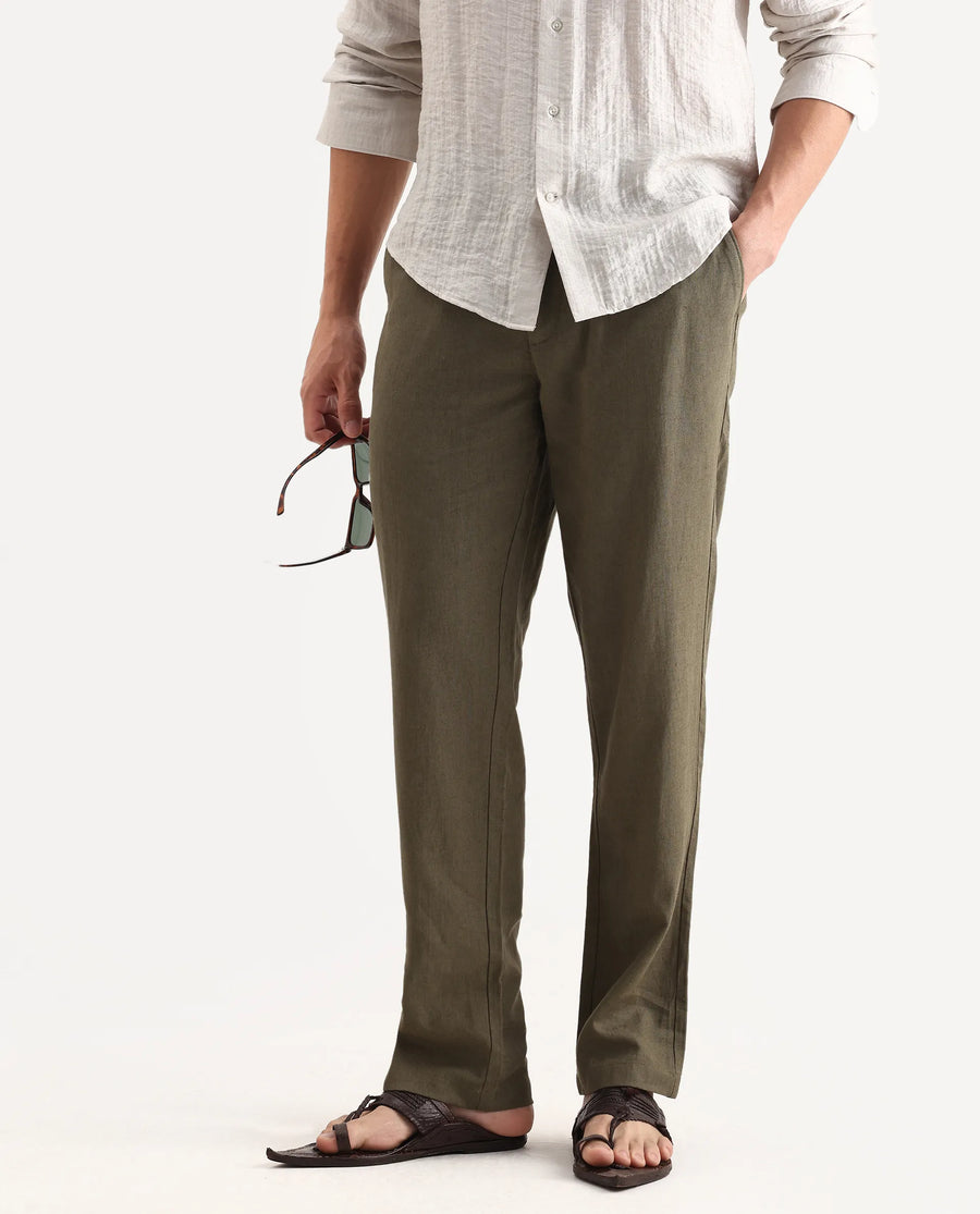 Rare Rabbit Men Chinio Dark Olive Linen Blend Drawstring Closure Plain Trouser