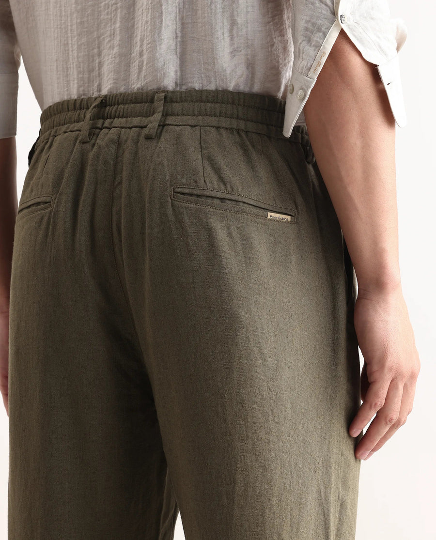 Rare Rabbit Men Chinio Dark Olive Linen Blend Drawstring Closure Plain Trouser