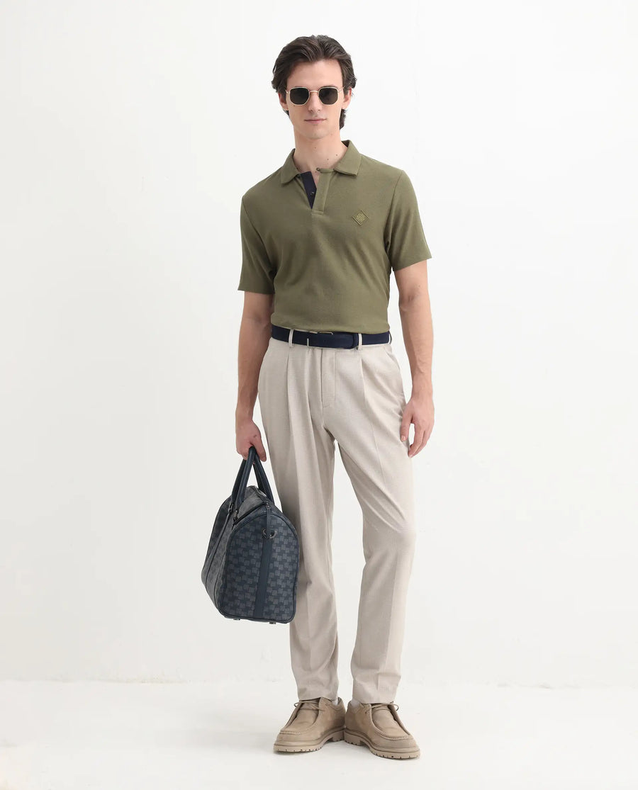 Rare Rabbit Men's Charles Olive Cotton Plain Regular Fit Half Sleeve Polo