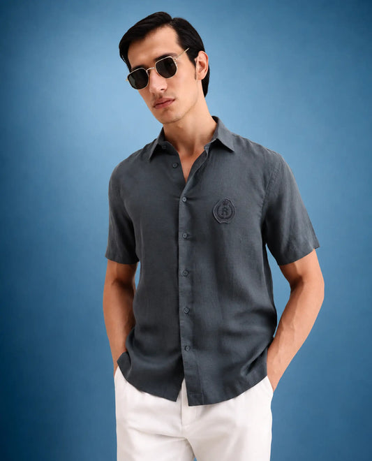 Rare Rabbit Men's Cine Ss Dark Blue Linen Blend Fabric Half Sleeve Spread Collar Regular Fit Plain Shirt