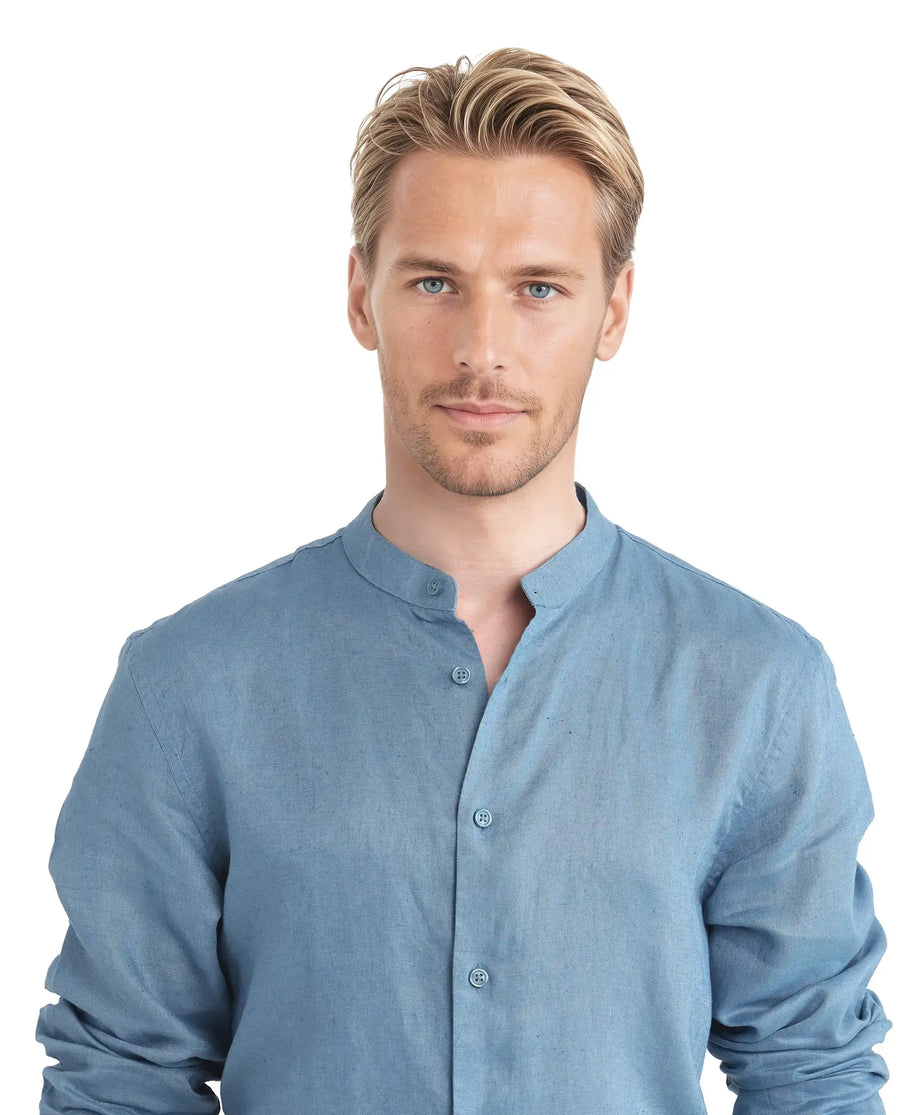 Rare Rabbit Men's Cinex Ls-25 Blue Linen Blend Plain Regular Fit Full Sleeve Mandarin Collar Shirt