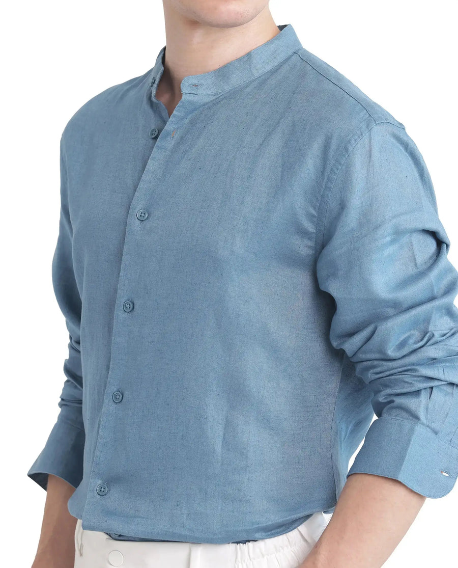Rare Rabbit Men's Cinex Ls-25 Blue Linen Blend Plain Regular Fit Full Sleeve Mandarin Collar Shirt