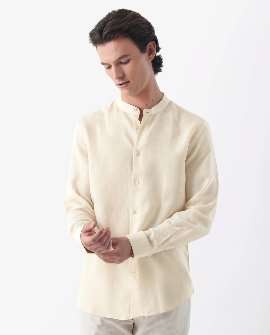 Rare Rabbit Men's Cinex Ls-25 Off White Linen Blend Plain Regular Fit Full Sleeve Mandarin Collar Shirt