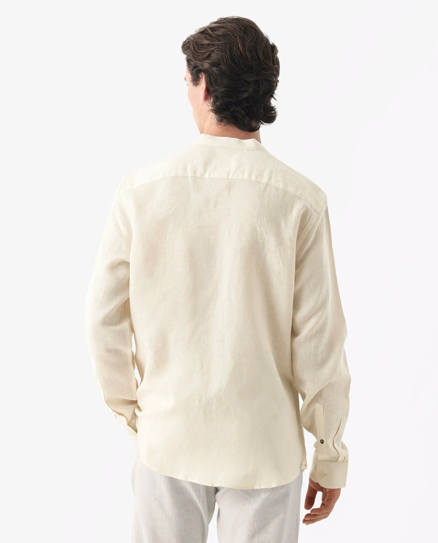 Rare Rabbit Men's Cinex Ls-25 Off White Linen Blend Plain Regular Fit Full Sleeve Mandarin Collar Shirt