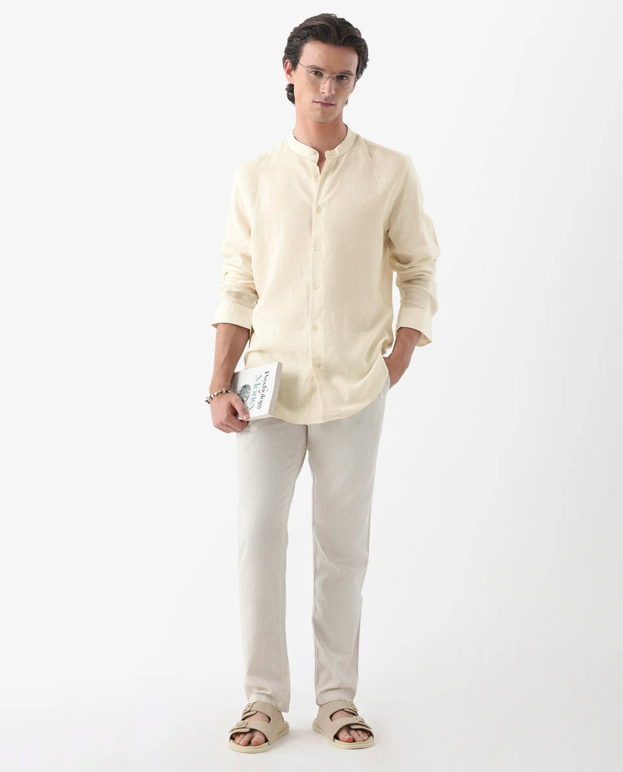 Rare Rabbit Men's Cinex Ls-25 Off White Linen Blend Plain Regular Fit Full Sleeve Mandarin Collar Shirt