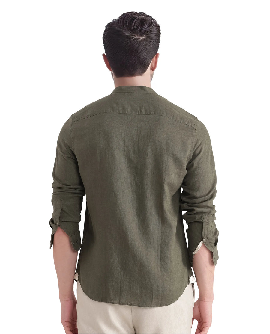 Rare Rabbit Men's Cinex Ls-25 Olive Linen Blend Plain Regular Fit Full Sleeve Mandarin Collar Shirt
