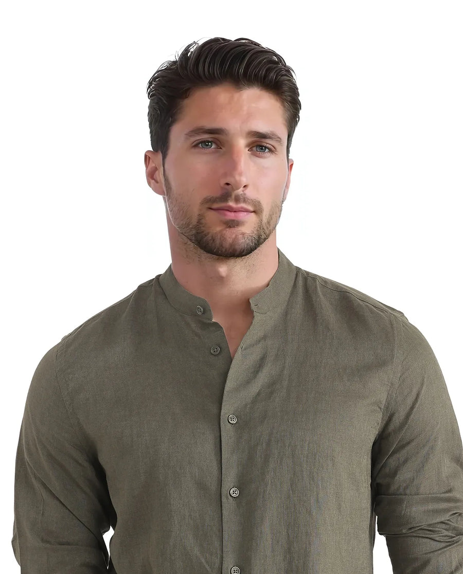 Rare Rabbit Men's Cinex Ls-25 Olive Linen Blend Plain Regular Fit Full Sleeve Mandarin Collar Shirt