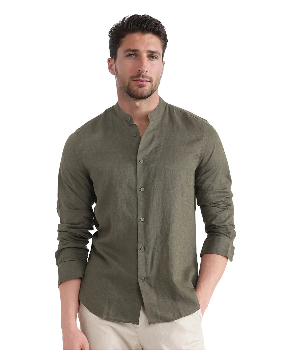 Rare Rabbit Men's Cinex Ls-25 Olive Linen Blend Plain Regular Fit Full Sleeve Mandarin Collar Shirt