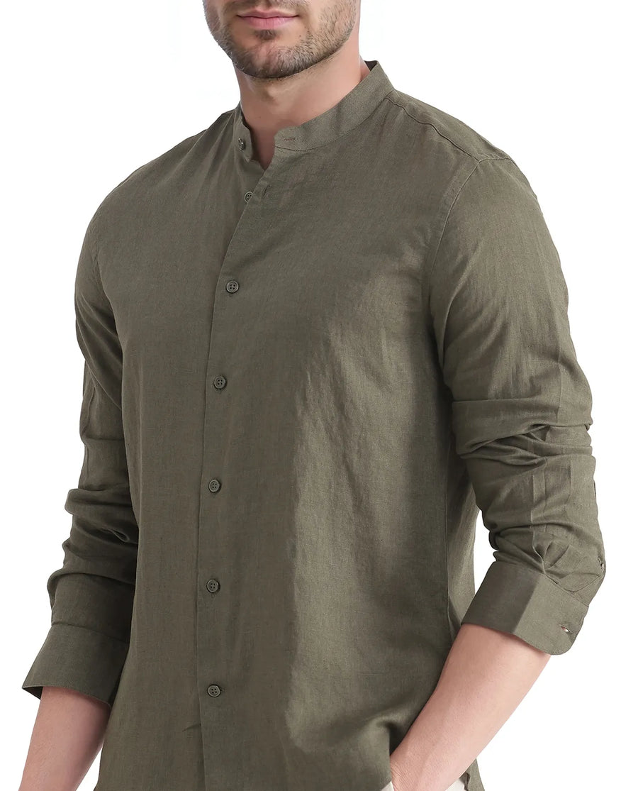 Rare Rabbit Men's Cinex Ls-25 Olive Linen Blend Plain Regular Fit Full Sleeve Mandarin Collar Shirt