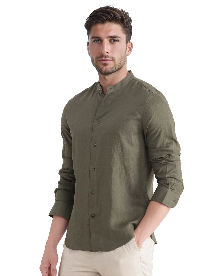 Rare Rabbit Men's Cinex Ls-25 Olive Linen Blend Plain Regular Fit Full Sleeve Mandarin Collar Shirt