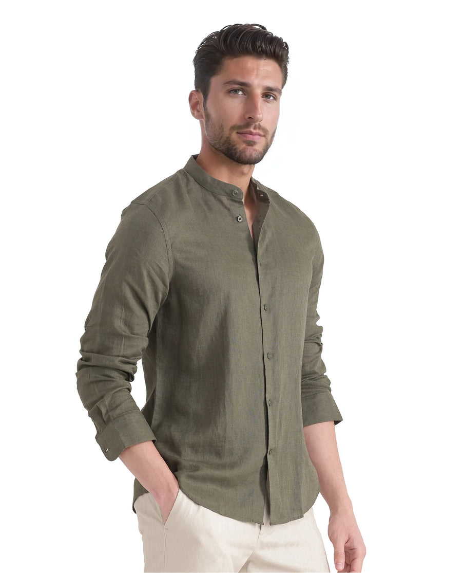 Rare Rabbit Men's Cinex Ls-25 Olive Linen Blend Plain Regular Fit Full Sleeve Mandarin Collar Shirt