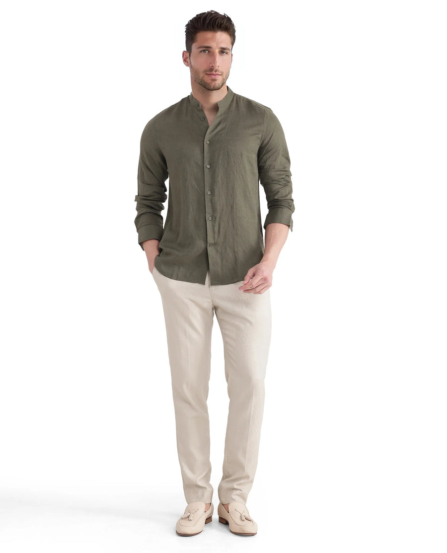 Rare Rabbit Men's Cinex Ls-25 Olive Linen Blend Plain Regular Fit Full Sleeve Mandarin Collar Shirt