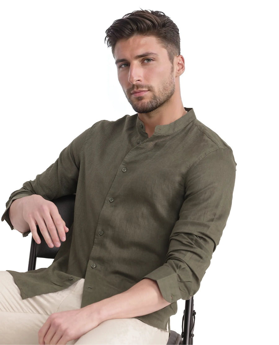Rare Rabbit Men's Cinex Ls-25 Olive Linen Blend Plain Regular Fit Full Sleeve Mandarin Collar Shirt