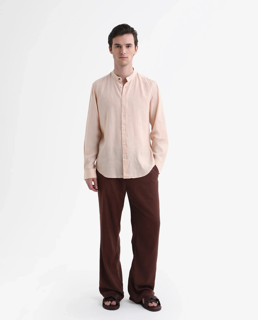 Rare Rabbit Men's Cinex Pastel Peach Linen Blend Plain Regular Fit Full Sleeve Mandarin Collar Shirt