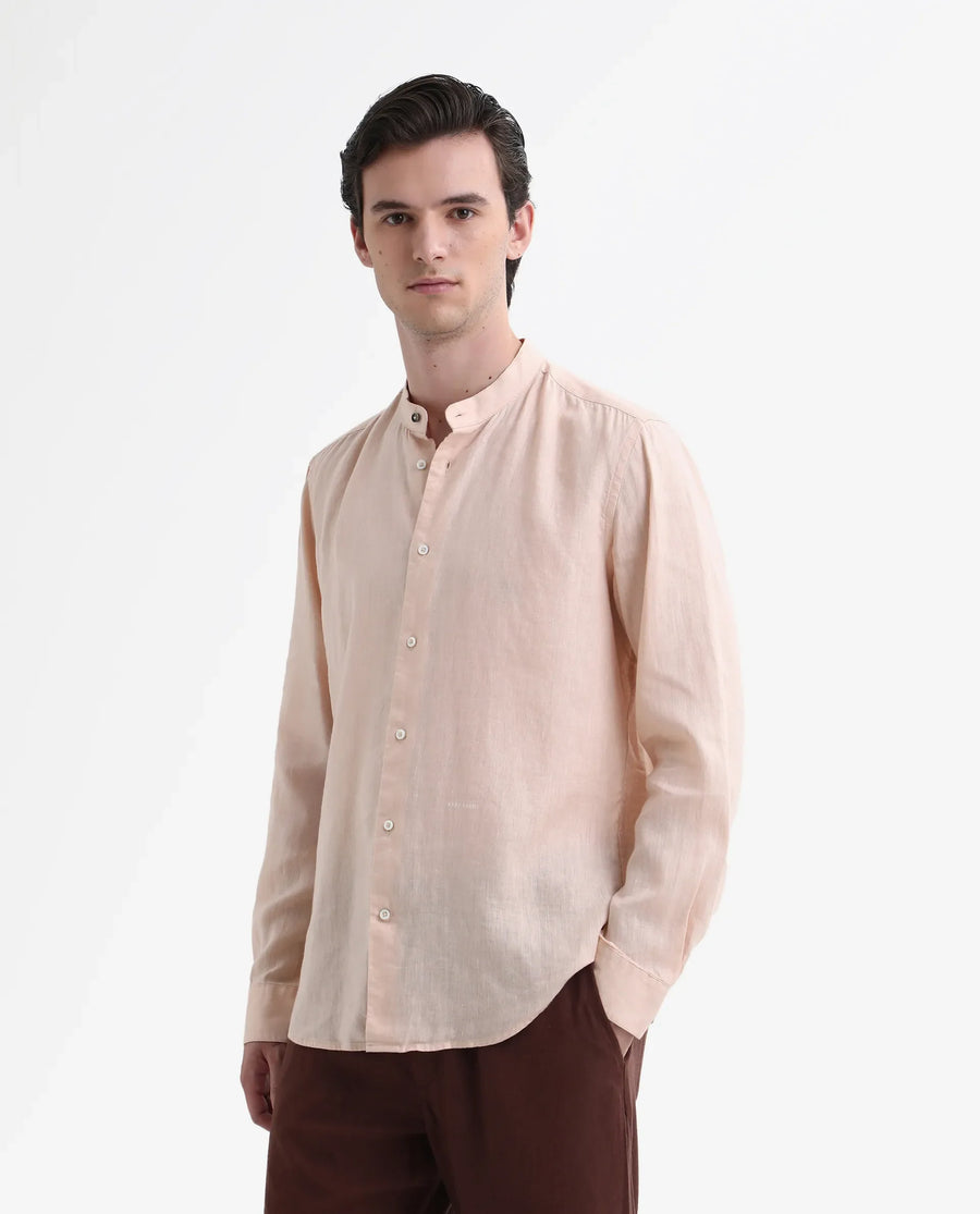 Rare Rabbit Men's Cinex Pastel Peach Linen Blend Plain Regular Fit Full Sleeve Mandarin Collar Shirt