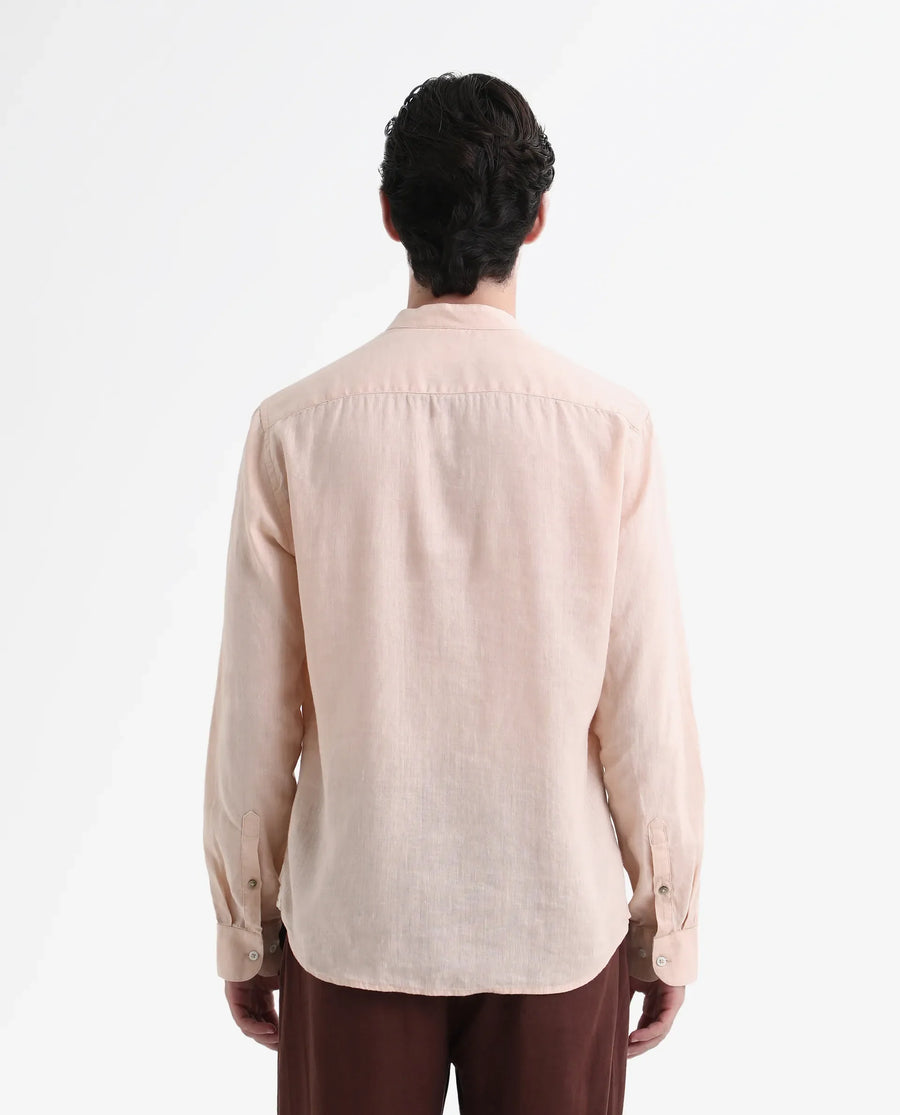 Rare Rabbit Men's Cinex Pastel Peach Linen Blend Plain Regular Fit Full Sleeve Mandarin Collar Shirt