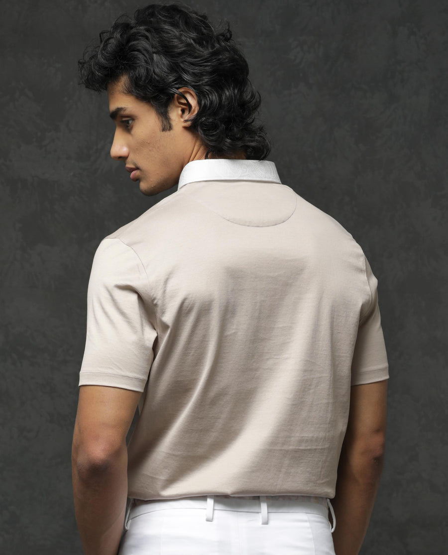 Rare Rabbit Men's Clarance Beige Cotton Plain Regular Fit Half Sleeve Polo