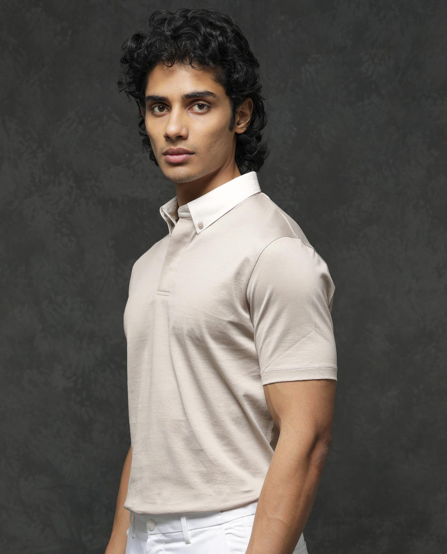 Rare Rabbit Men's Clarance Beige Cotton Plain Regular Fit Half Sleeve Polo