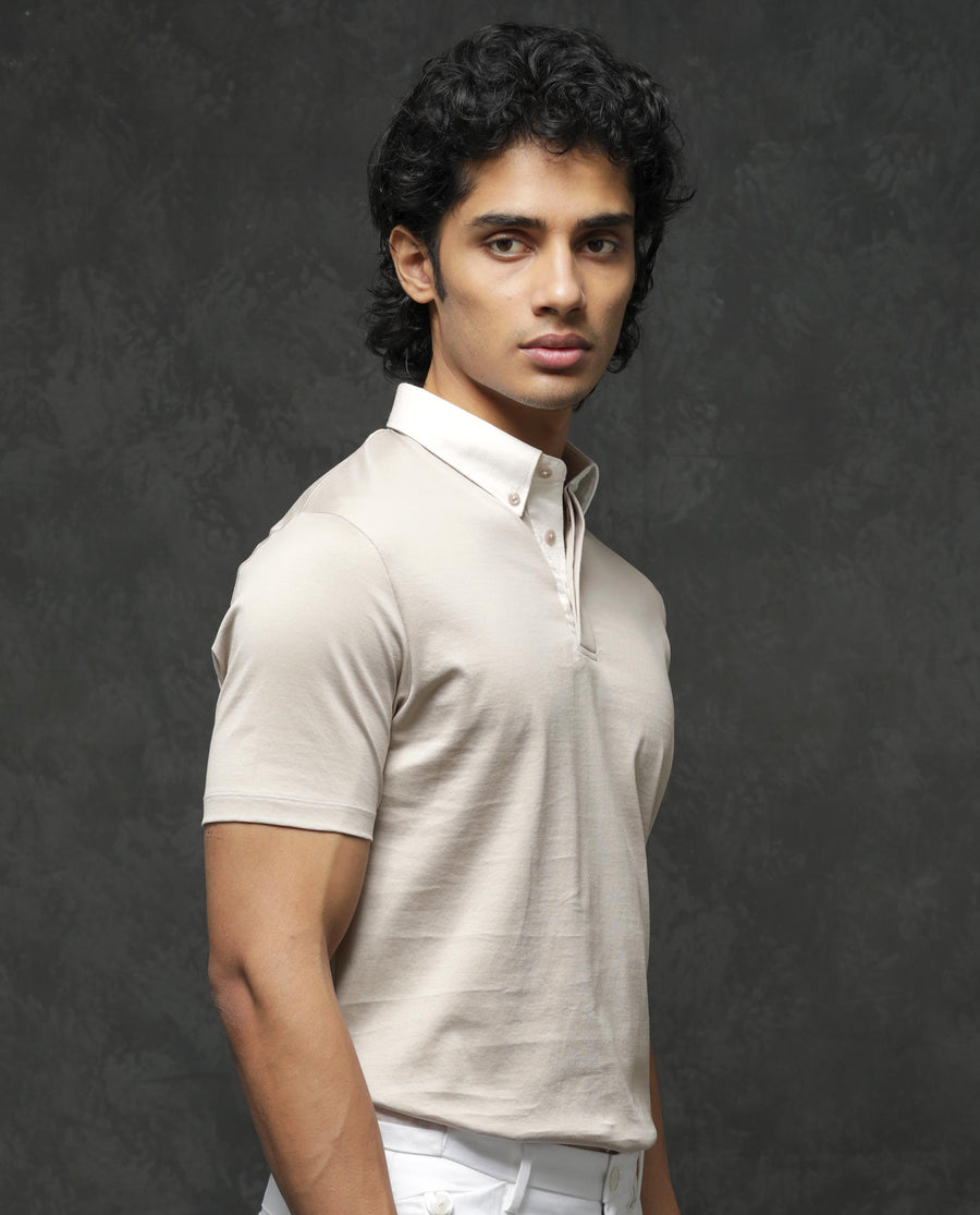 Rare Rabbit Men's Clarance Beige Cotton Plain Regular Fit Half Sleeve Polo
