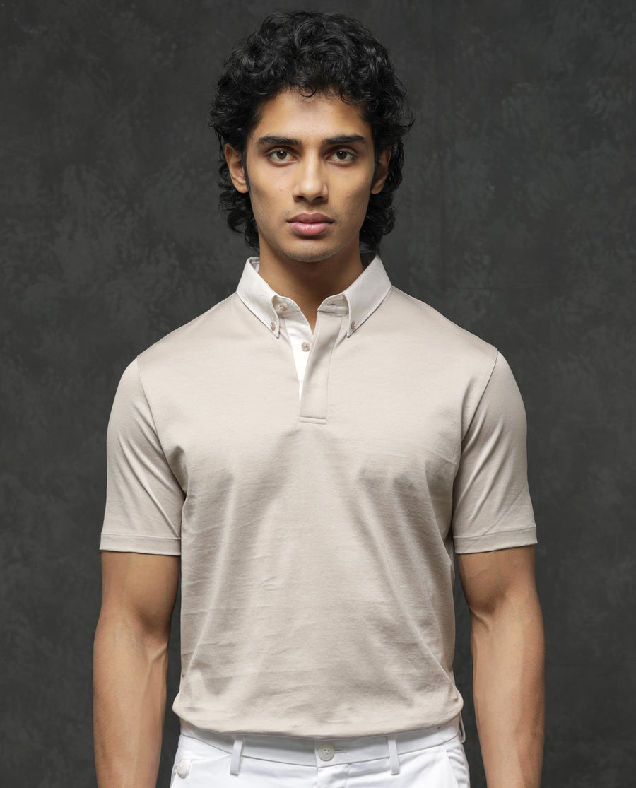 Rare Rabbit Men's Clarance Beige Cotton Plain Regular Fit Half Sleeve Polo