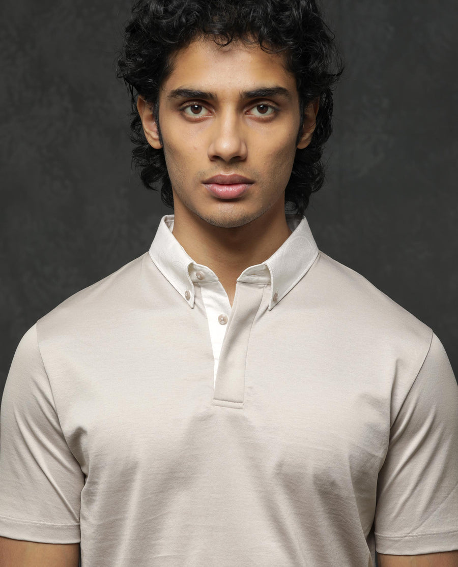 Rare Rabbit Men's Clarance Beige Cotton Plain Regular Fit Half Sleeve Polo