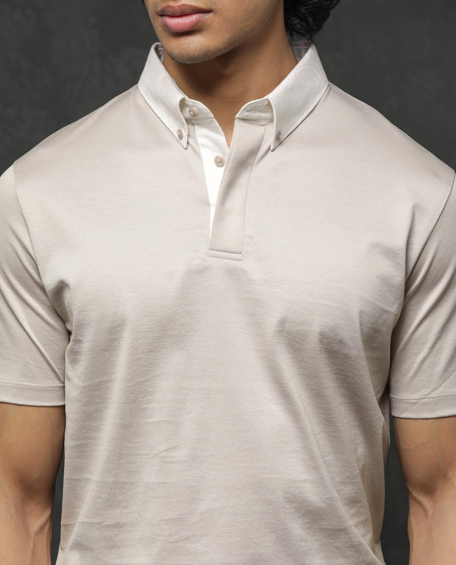 Rare Rabbit Men's Clarance Beige Cotton Plain Regular Fit Half Sleeve Polo