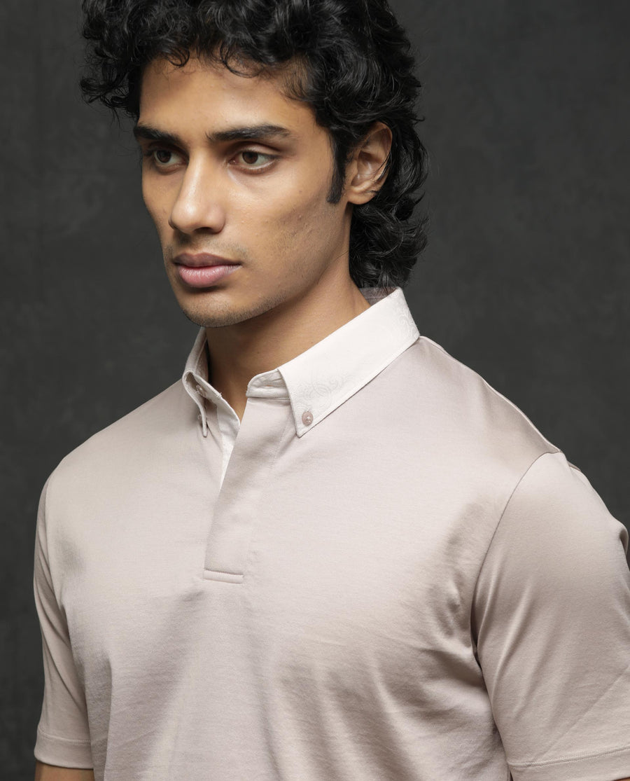 Rare Rabbit Men's Clarance Beige Cotton Plain Regular Fit Half Sleeve Polo