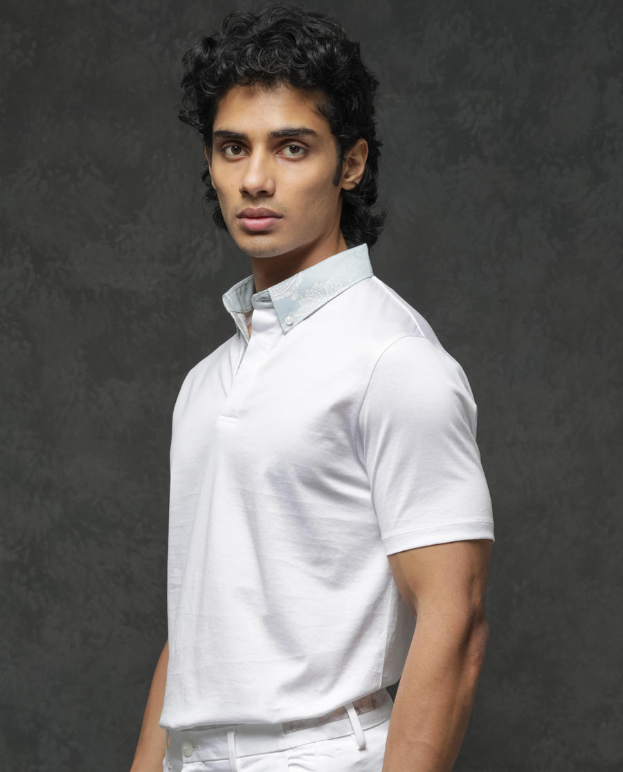 Rare Rabbit Men's Clarance White Cotton Plain Regular Fit Half Sleeve Polo