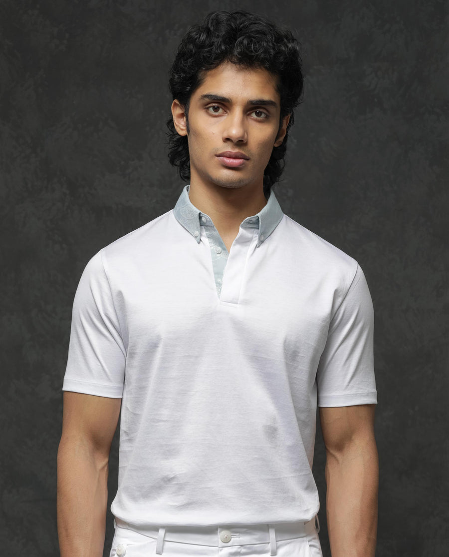 Rare Rabbit Men's Clarance White Cotton Plain Regular Fit Half Sleeve Polo