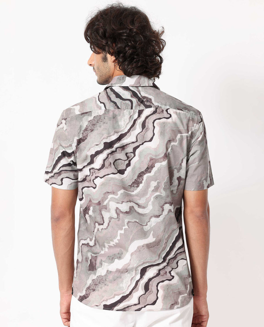 Rare Rabbit Men's Clay Beige Cotton Abstract Print Regular Fit Half Sleeve Cuban Collar Shirt