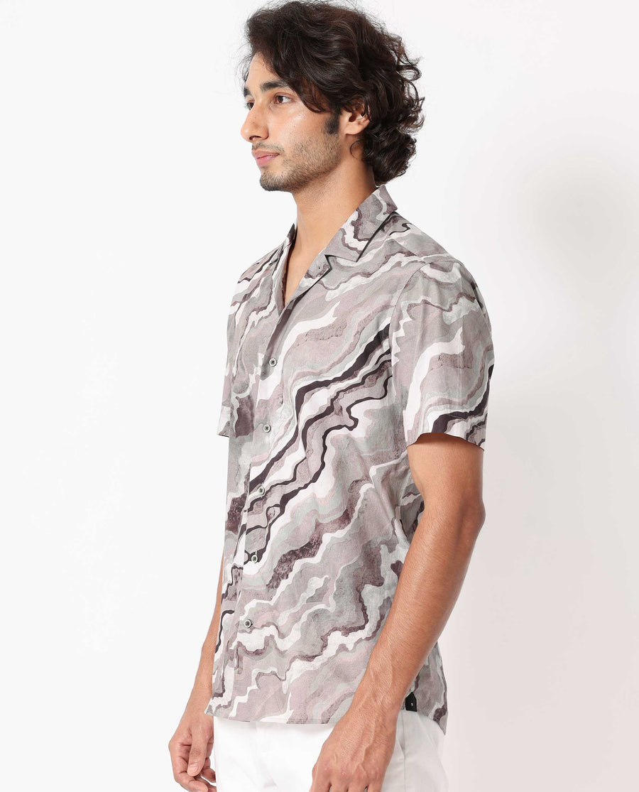 Rare Rabbit Men's Clay Beige Cotton Abstract Print Regular Fit Half Sleeve Cuban Collar Shirt