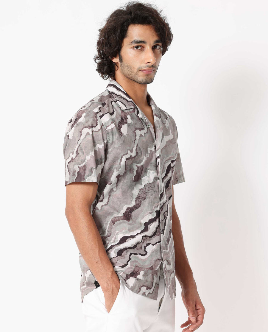 Rare Rabbit Men's Clay Beige Cotton Abstract Print Regular Fit Half Sleeve Cuban Collar Shirt