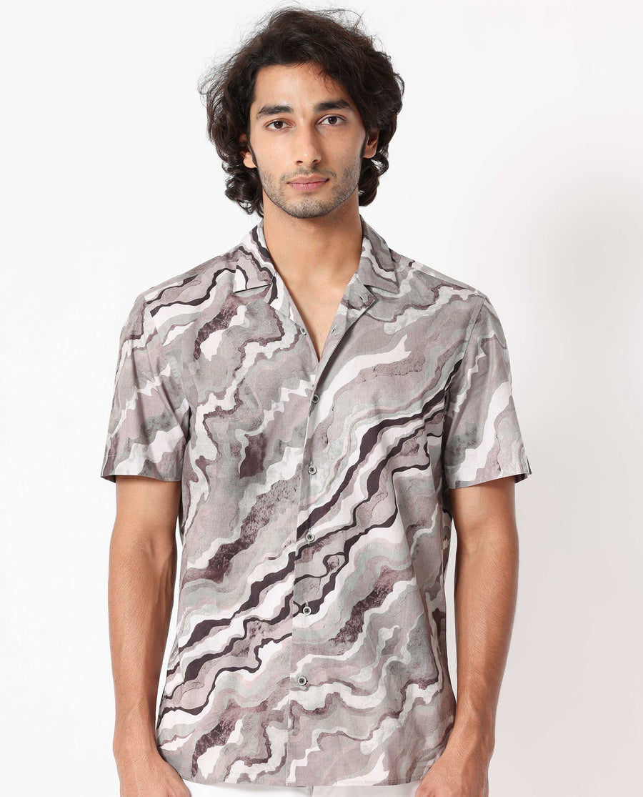 Rare Rabbit Men's Clay Beige Cotton Abstract Print Regular Fit Half Sleeve Cuban Collar Shirt