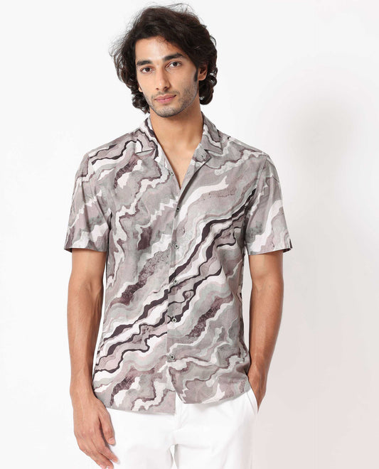 Rare Rabbit Men's Clay Beige Cotton Abstract Print Regular Fit Half Sleeve Cuban Collar Shirt