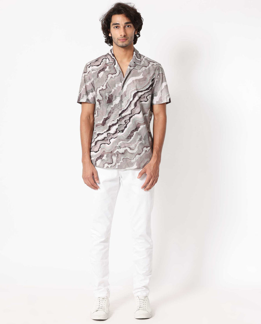 Rare Rabbit Men's Clay Beige Cotton Abstract Print Regular Fit Half Sleeve Cuban Collar Shirt