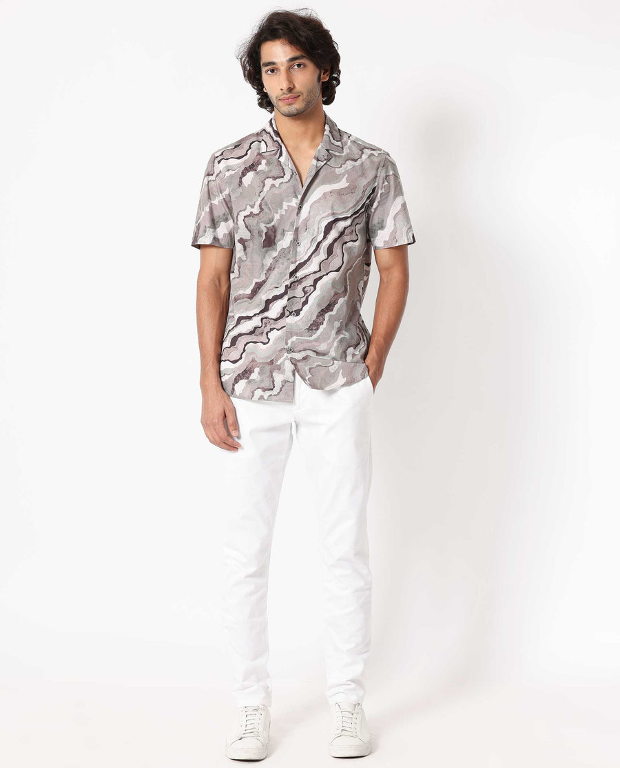 Rare Rabbit Men's Clay Beige Cotton Abstract Print Regular Fit Half Sleeve Cuban Collar Shirt
