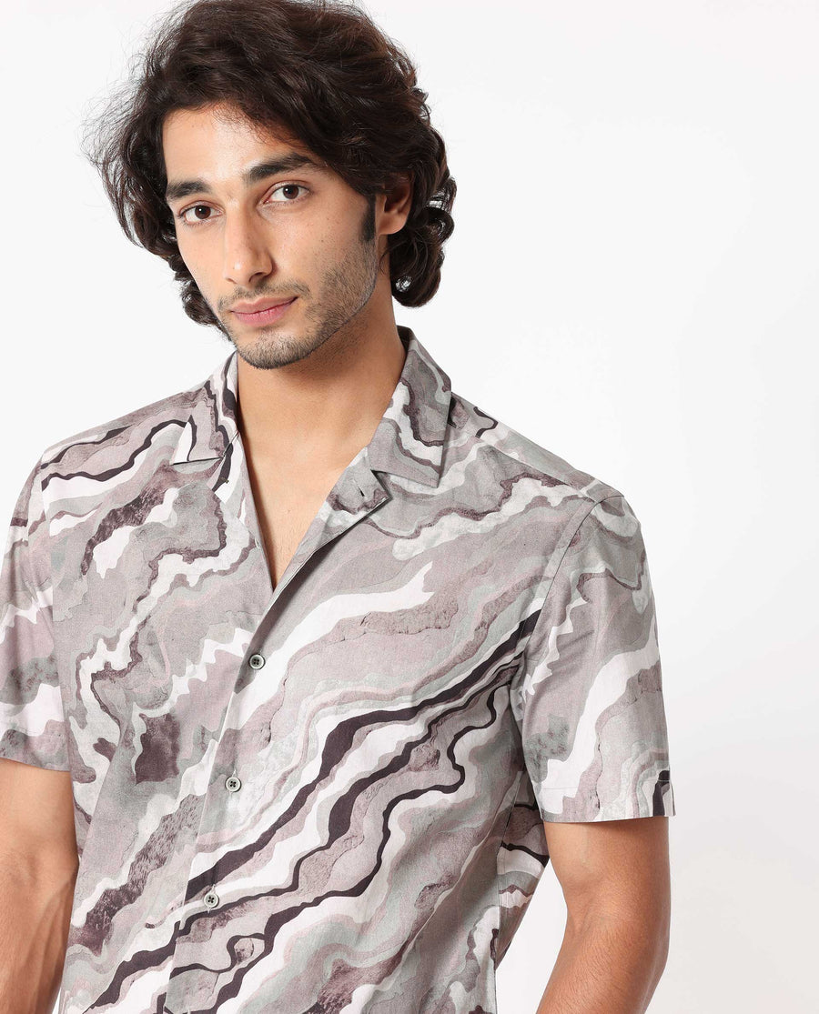 Rare Rabbit Men's Clay Beige Cotton Abstract Print Regular Fit Half Sleeve Cuban Collar Shirt