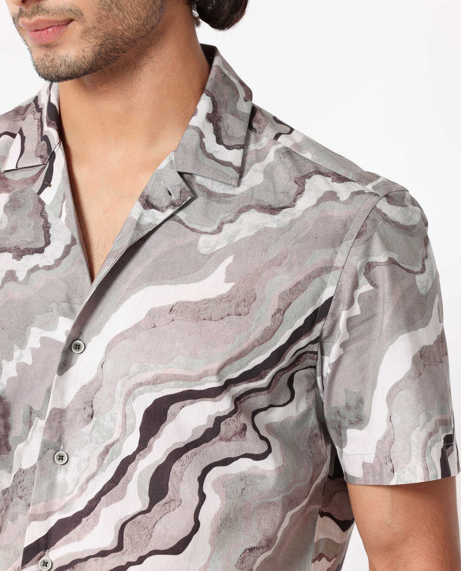 Rare Rabbit Men's Clay Beige Cotton Abstract Print Regular Fit Half Sleeve Cuban Collar Shirt