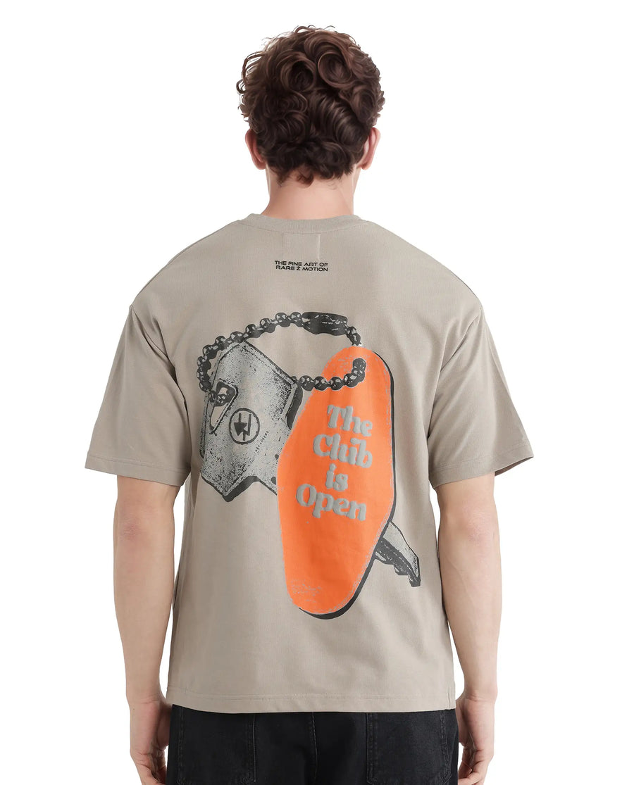 Rare Rabbit Men's Clay Beige Cotton Graphic Print Oversized Fit Half Sleeve Crew Neck T-Shirt