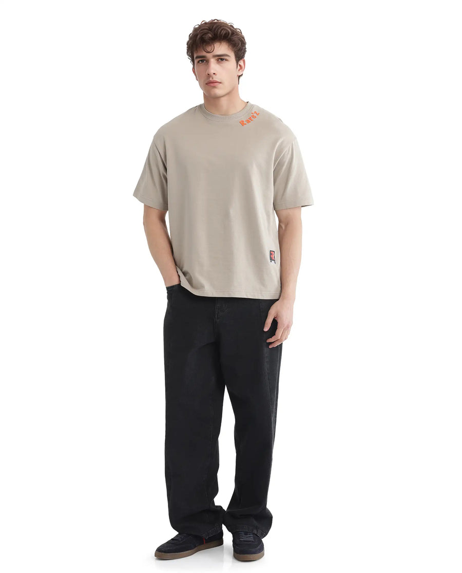 Rare Rabbit Men's Clay Beige Cotton Graphic Print Oversized Fit Half Sleeve Crew Neck T-Shirt