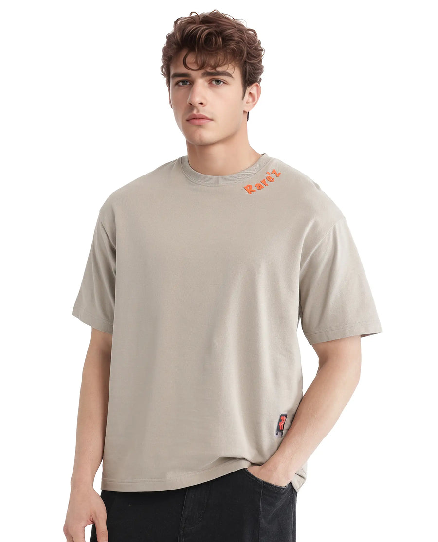 Rare Rabbit Men's Clay Beige Cotton Graphic Print Oversized Fit Half Sleeve Crew Neck T-Shirt