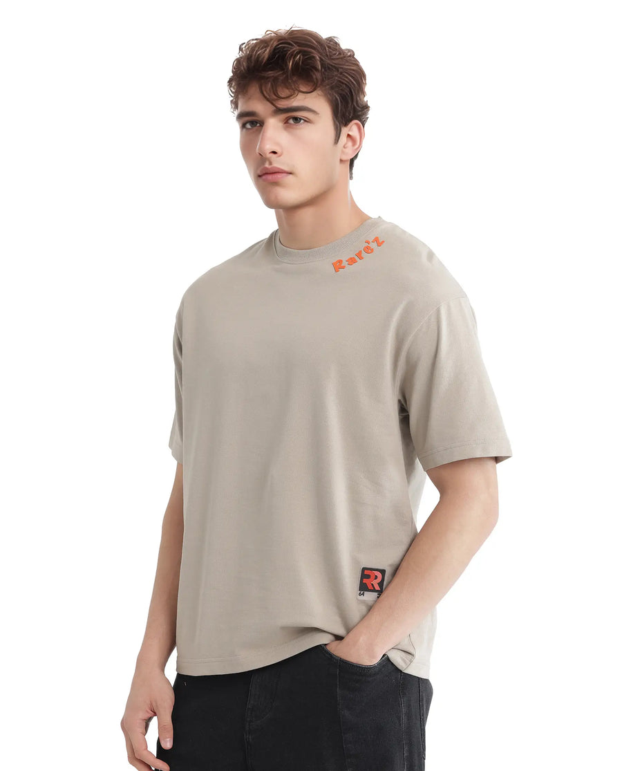 Rare Rabbit Men's Clay Beige Cotton Graphic Print Oversized Fit Half Sleeve Crew Neck T-Shirt
