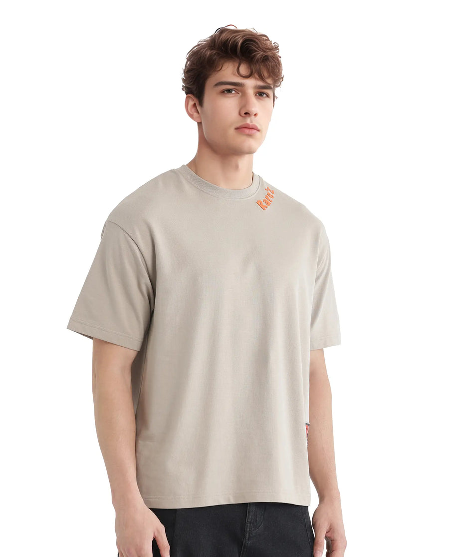 Rare Rabbit Men's Clay Beige Cotton Graphic Print Oversized Fit Half Sleeve Crew Neck T-Shirt