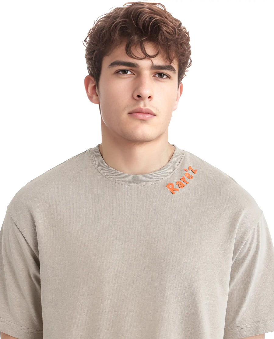 Rare Rabbit Men's Clay Beige Cotton Graphic Print Oversized Fit Half Sleeve Crew Neck T-Shirt