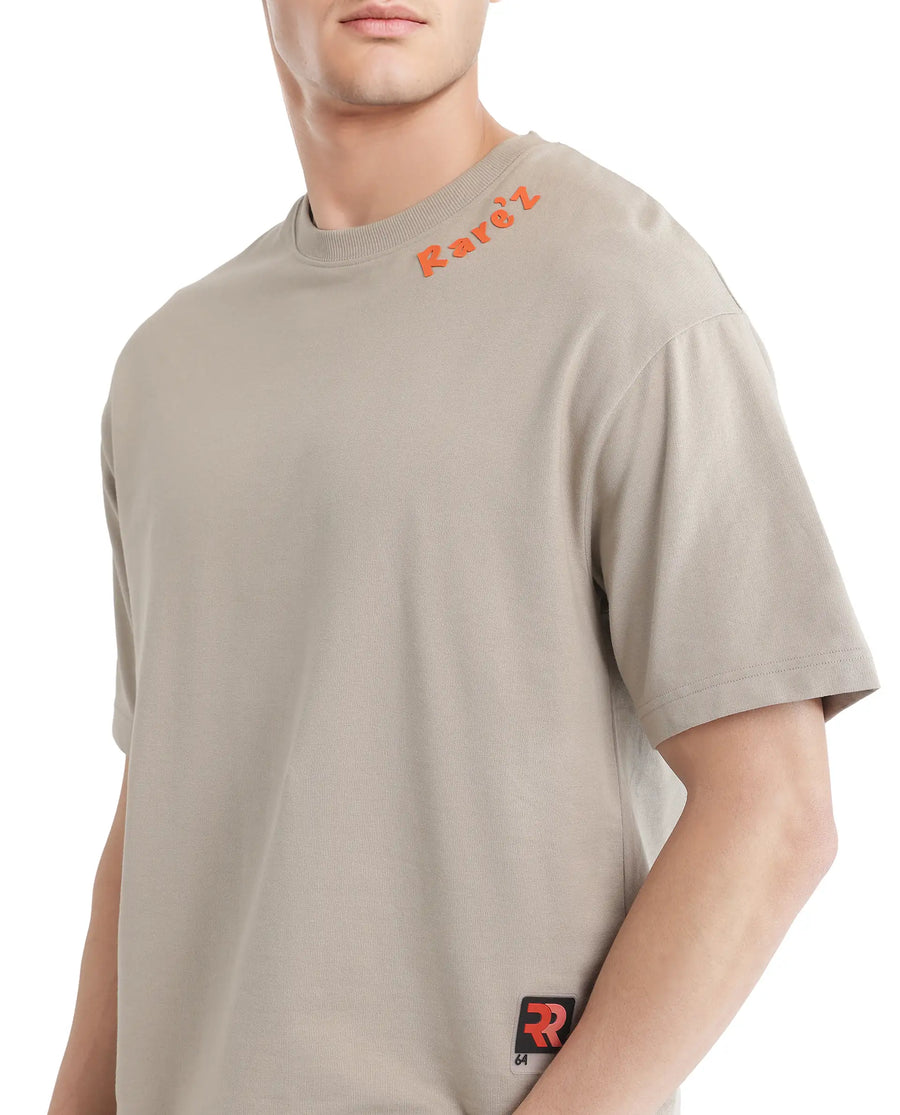 Rare Rabbit Men's Clay Beige Cotton Graphic Print Oversized Fit Half Sleeve Crew Neck T-Shirt